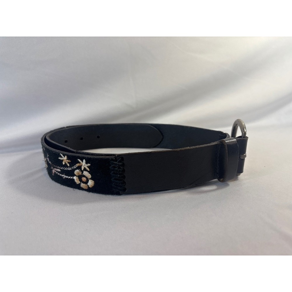 Black Genuine Leather Floral Embroidered Velvet Belt Size L Boho Western